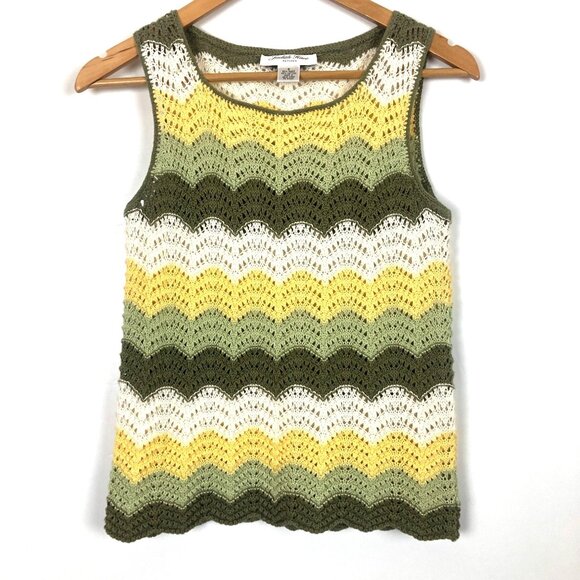 Vtg Judith Hart Knit Tank Sz Petite Small Chevron Lace Cotton Yellow Green White - Picture 1 of 6
